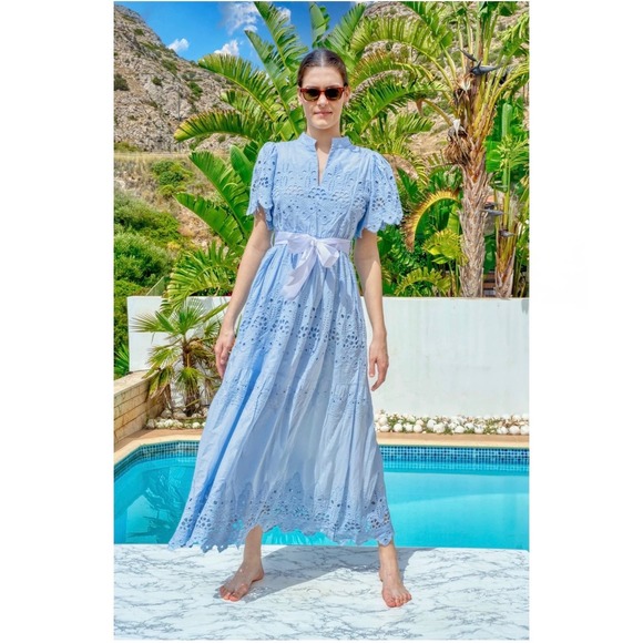Gretchen Scott Dresses & Skirts - Gretchen Scott La Di Da Blue Eyelet Cotton Midi Dress Diva Pockets L Feminine